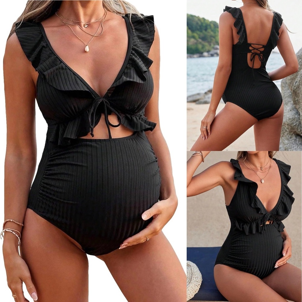 Women's Maternity Solid Hollow Out Ruffle One Piece Swimsuit Y2K Cut Out Medium